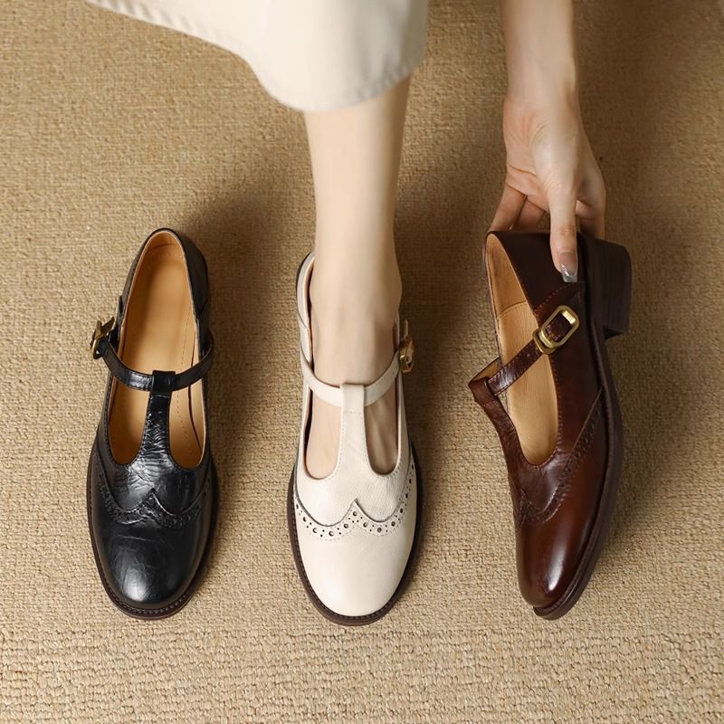 Mary Jane For Women 2025 New Soft Leather Brogue British Style Loafers Chunky Heel Single Shoes_voghion.com