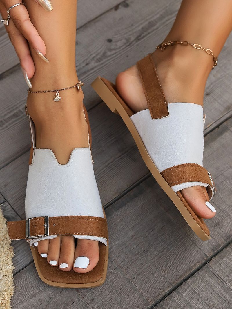 Large 43 Flat Bottom One Button Sandals For Women's 2024 Summer New Open Toe Versatile Fashion Beach Roman Shoes_voghion.com