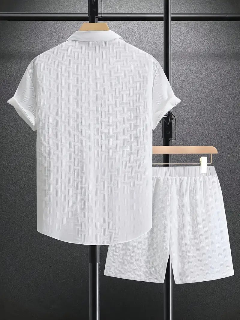 Men's Clothing Summer Jacquard Black And White Solid Color Suit Short Sleeved Men's Vacation Casual Style Shirt Shorts Two Piece Suit_voghion.com
