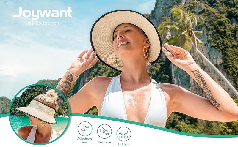 Joywant Womens Sun Visor Hats, Packable Wide Brim Ponytail Beach Hat Straw Visor Summer Beach Vacation Essentials For Womens_voghion.com