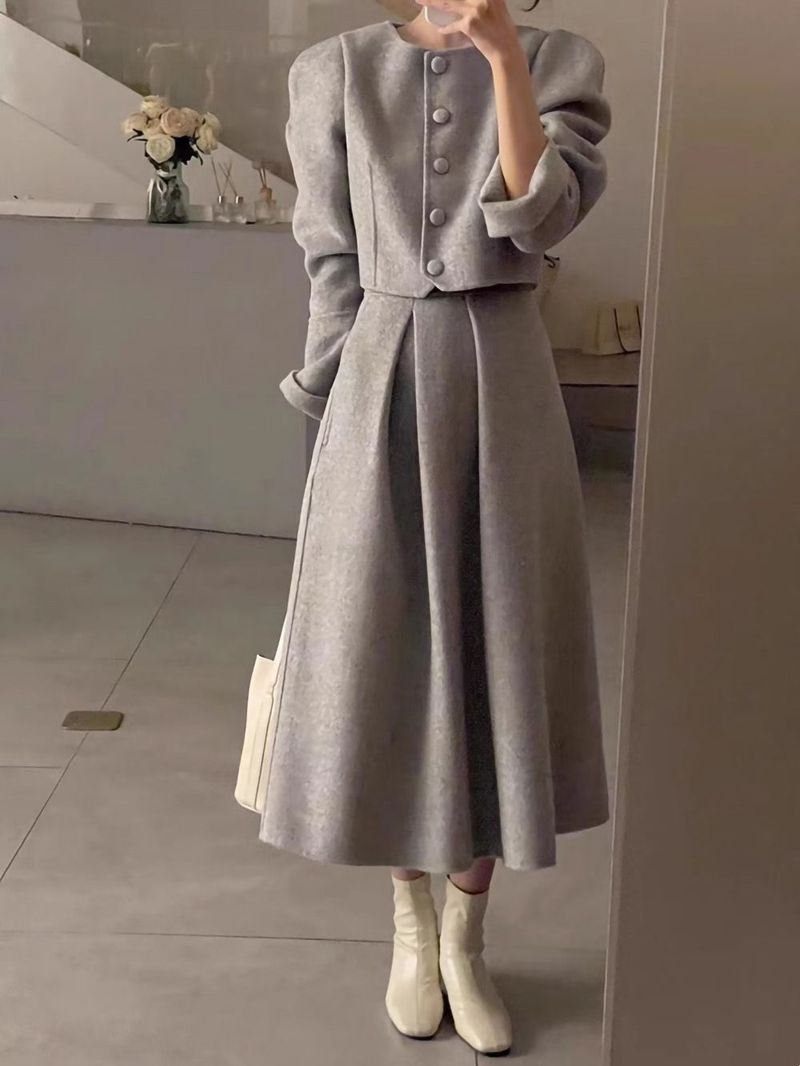 Luxuriöses zweiteiliges Wollset für reiche Frauen, elegantes französisches Kleid im Hepburn-Stil für Damen im Herbst und Winter_voghion.com