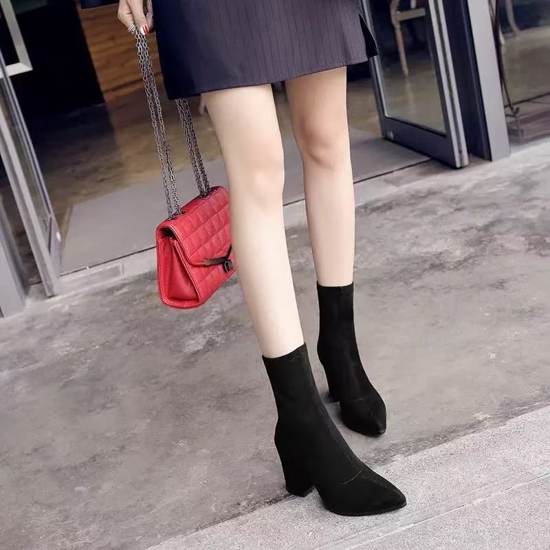 2025 Autumn Winter New Thick Pointed Toe Suede Short Women High Heel Stretch Slim Fashion Boots_voghion.com