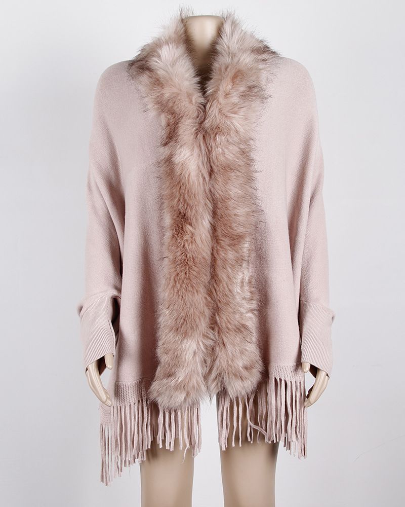 Maglione cardigan tinta unita in stile europeo e americano, autunno e inverno, con nappa e collo in pelliccia_voghion.com