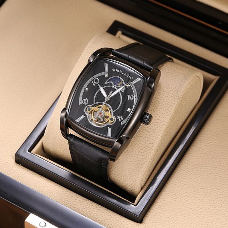Automobile Mechanical Square Hollow Full-automatic High-grade Casual Leather Men's Watch Solid Fine Steel_voghion.com