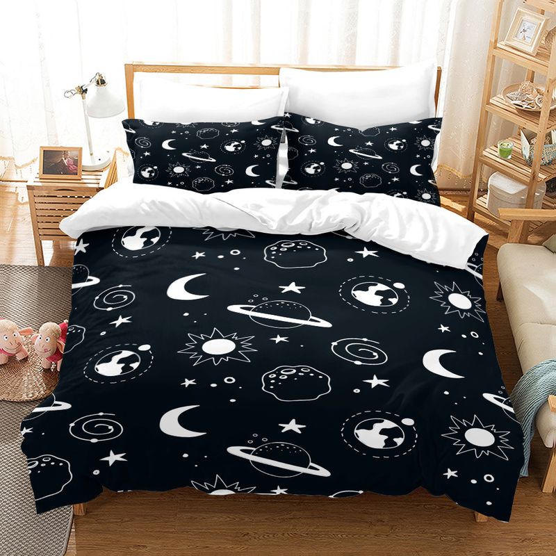 Set di biancheria da letto Premium Planet Pattern personalizzato, tre pezzi, in puro cotone/tessuto spazzolato_voghion.com