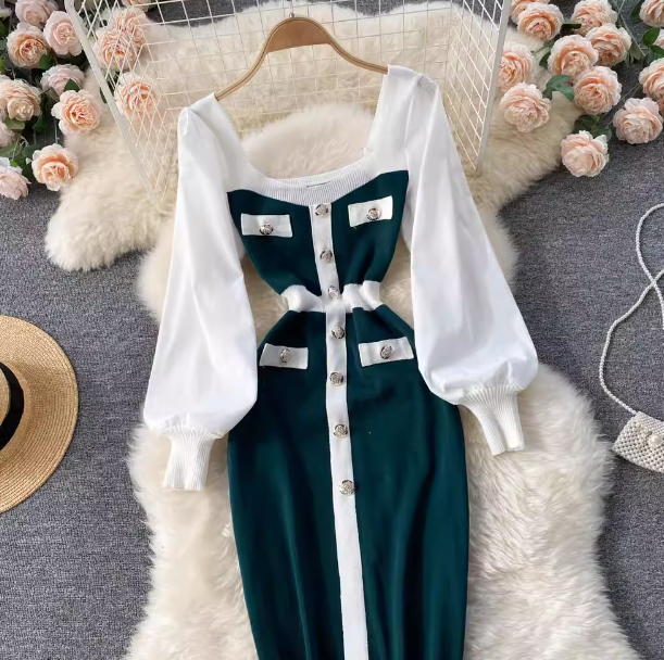 Abito da donna con colletto quadrato, bottoni, colore a contrasto, in maglia, vita sottile, manica a lanterna, fondo, fianchi, gonna_voghion.com