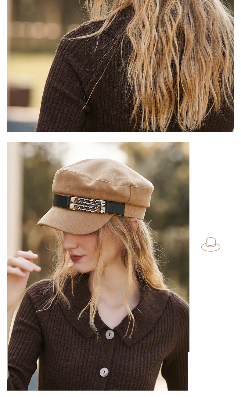 Unisex Spring and Autumn Beret hat chain decorated duck tongue newsboy hat vintage painter Octagon lady_voghion.com