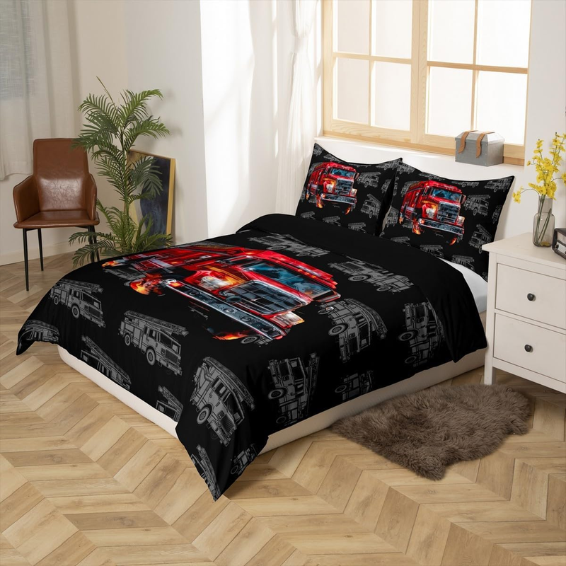 Set copripiumino per lettino con camion dei pompieri per bambini, ragazzi e adolescenti, set di biancheria da letto con pompieri, copripiumino con 2 federe._voghion.com
