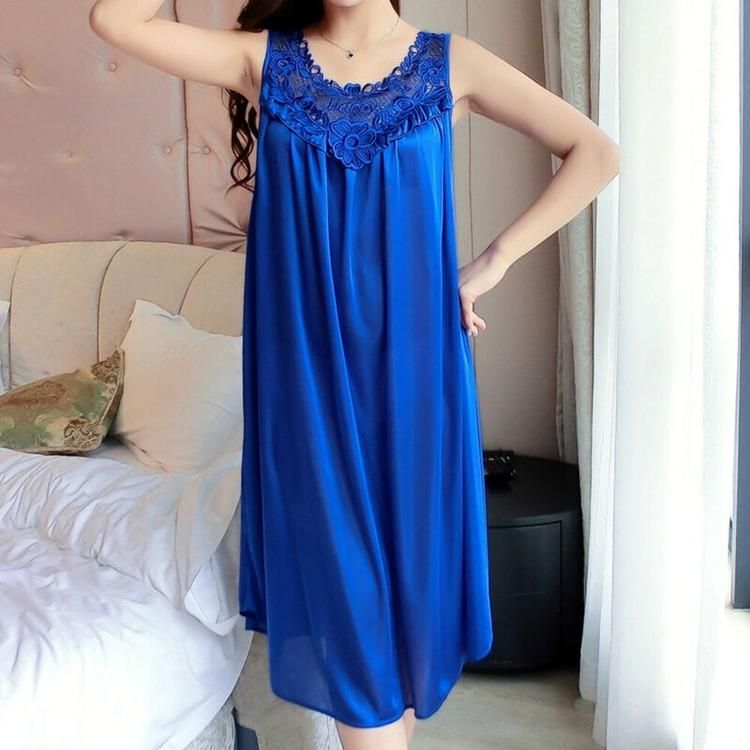 Ladies Pure Color Sexy Ice Silk Satin Nightgowns Baggy Casual Sleeveless Sleepwear Long Dress_voghion.com