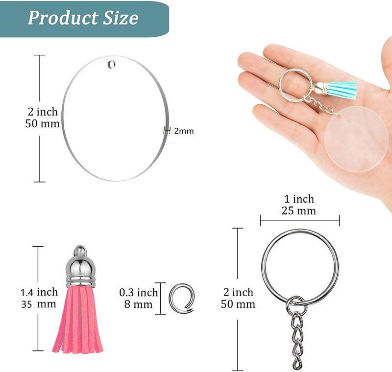 Conjunto de combinação de chaveiro acrílico transparente com borla de couro colorido, presente chave DIY para festa_voghion.com
