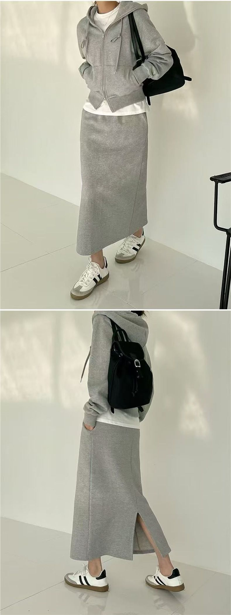 Tuta sportiva casual da donna ActiveGo autunno e inverno, felpa con cappuccio e giacca + gonna a mezza lunghezza snellente a vita alta_voghion.com