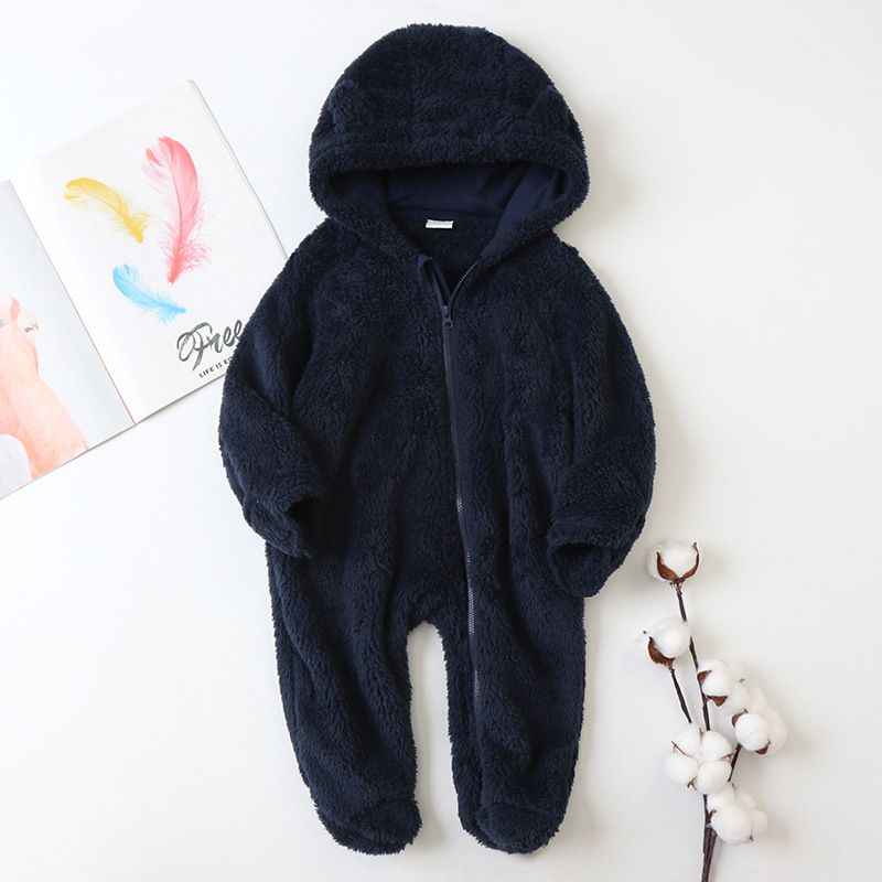 Soft Fleece Hooded Baby Jumpsuit With Mittens - Unisex Cartoon Style Infant Romper For Newborns - Cozy Zipper Closure, Long Sleeve, Neutral Colors_voghion.com
