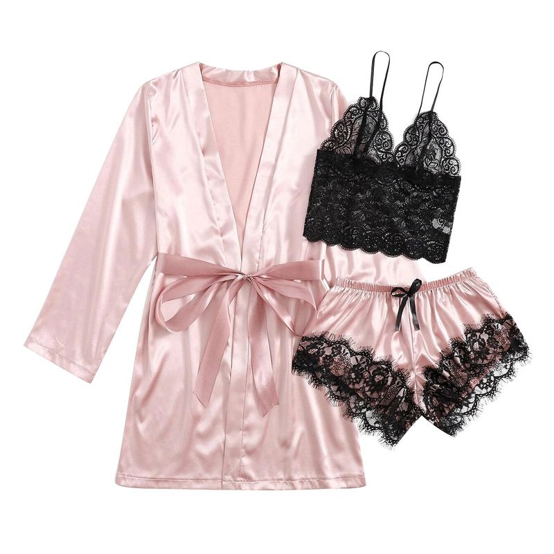 Ropa interior de mujer, conjunto de 3 piezas con tirantes de encaje, conjunto de verano de mujer, pijamas y pijamas_voghion.com