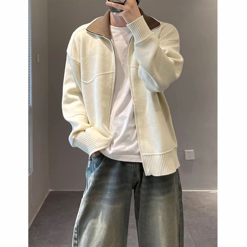 Cardigan d'hiver zippé pour homme – Veste à revers en tricot épais, doublure polaire chaude, style décontracté (bleu marine/abricot, M-3XL)_voghion.com