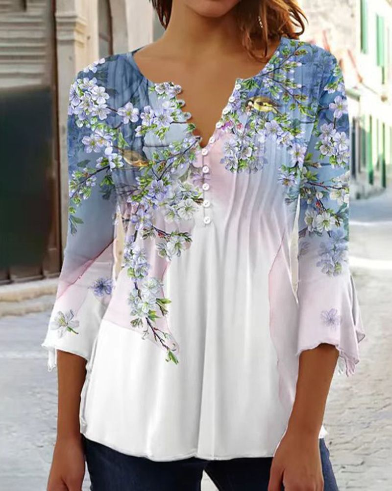 2025 Spring/Summer Fashion New Women's Flower Printed V-neck Short Sleeve Folded Button T-shirt Base Shirt_voghion.com