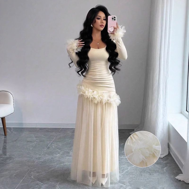 Abito a trapezio a vita alta in rete – Elegante abito a strati trasparente a maniche lunghe con orlo arricciato (S/M/L/XL, misto poliestere-spandex traspirante)_voghion.com