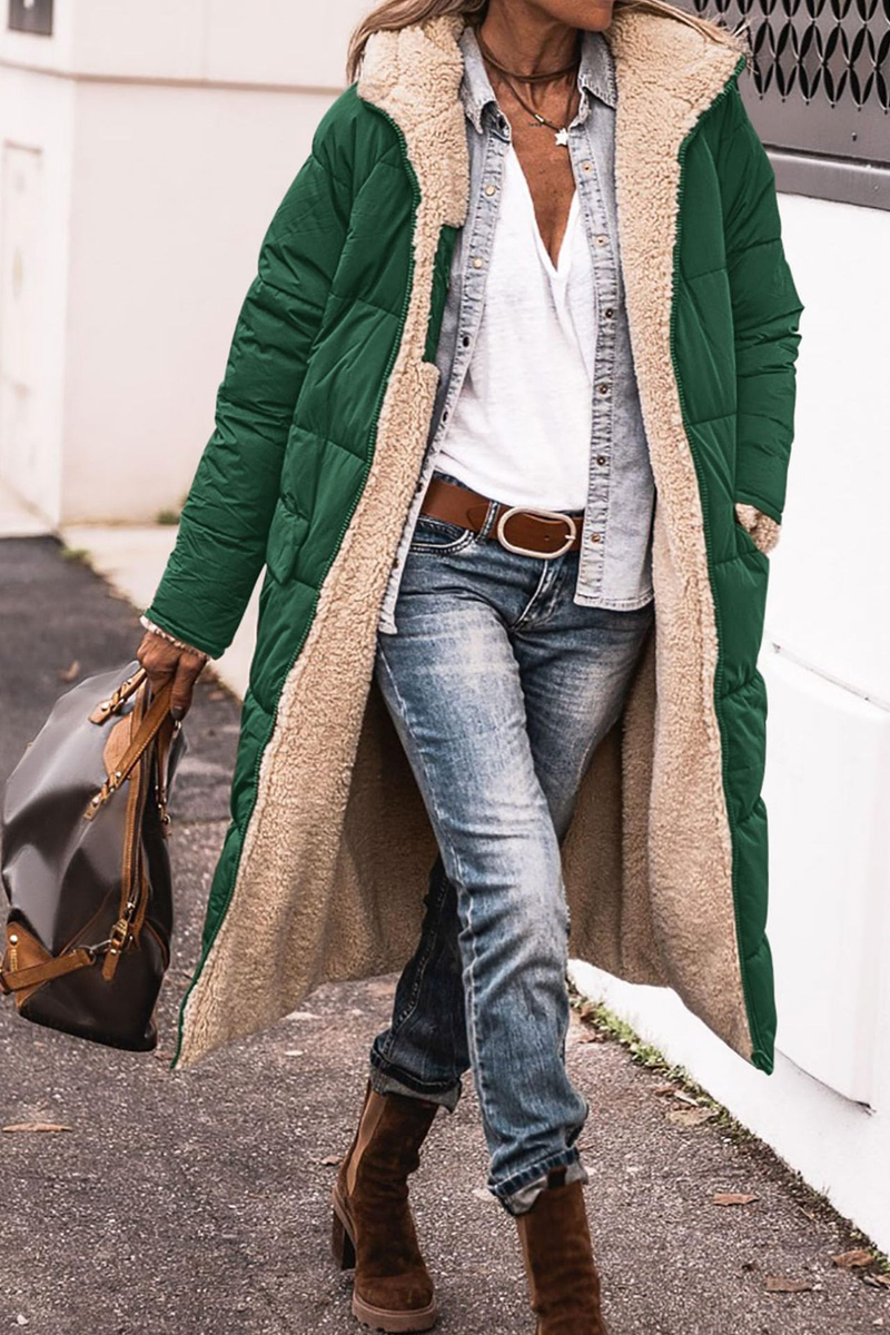 Women's fashion casual solid color hooded quilted long-sleeved double-sided wear slim temperament cardigan coat top_voghion.com