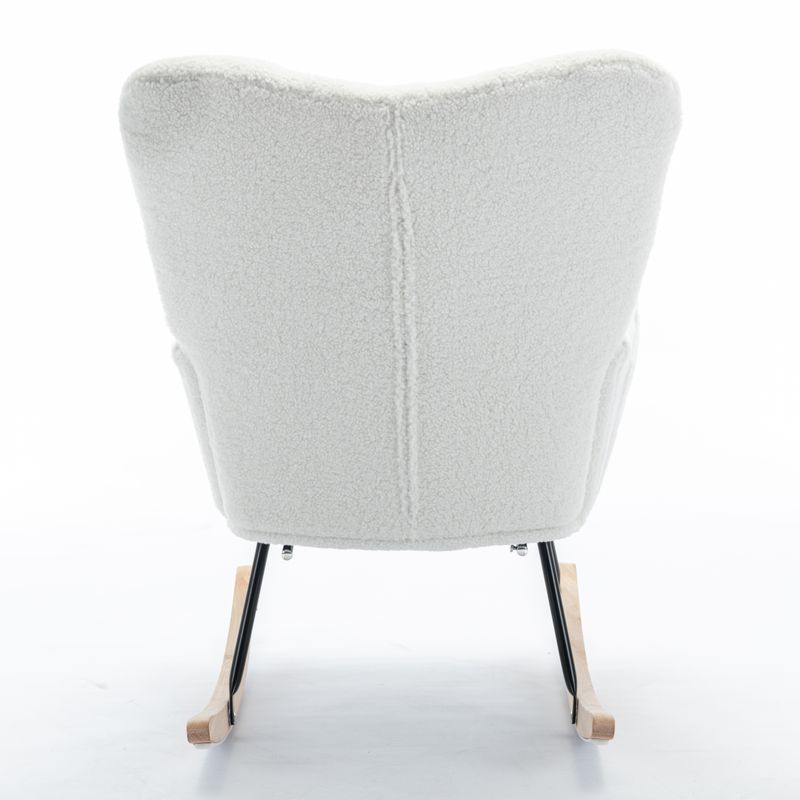 009B Fauteuil à bascule rembourré en tissu tissé Teddy blanc avec pouf dissimulé_voghion.com