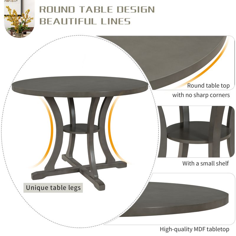 5-Piece Round Dining Table and 4 Fabric Chairs with Special-shaped Table Legs and Storage Shelf_voghion.com