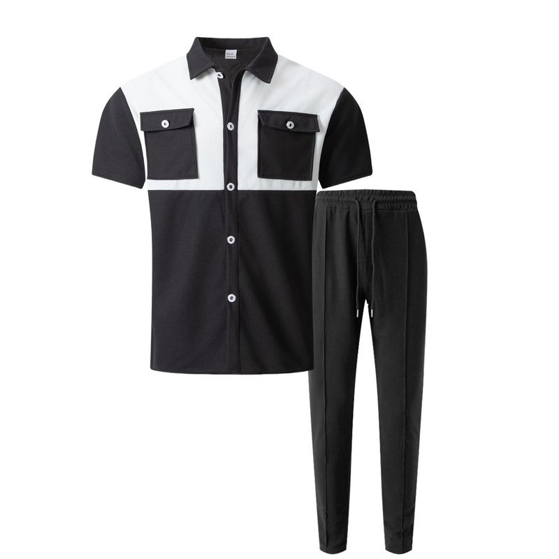 Herenkleding Nieuw wafelpatroon met vier rijen zakken, bijpassende korte mouwen overhemd en broek, tweedelig pak_voghion.com