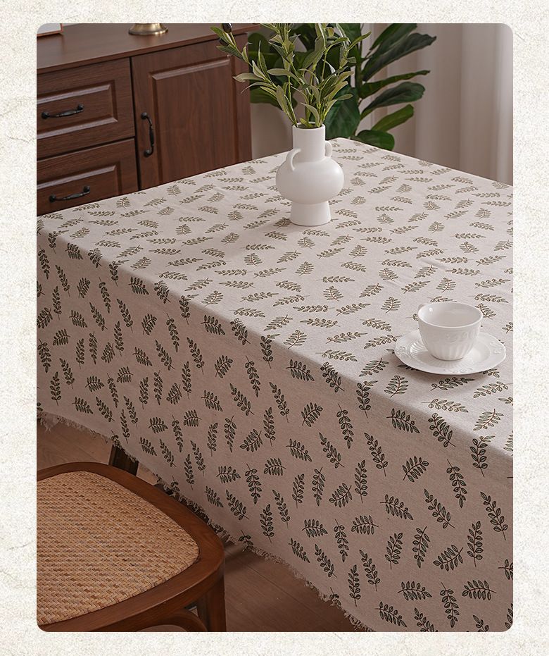 Cotton-Polyester Tablecloth With Willow Leaf Pattern - Rustic Farmhouse Rectangular Table Cover For Dining & Study (Dustproof, Decorative)_voghion.com