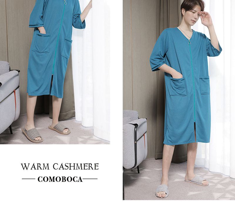 2023 New Waffle Zipper Nightgown Unisex Thin Home Wear Plus Size Pajamas 200 Jin_voghion.com