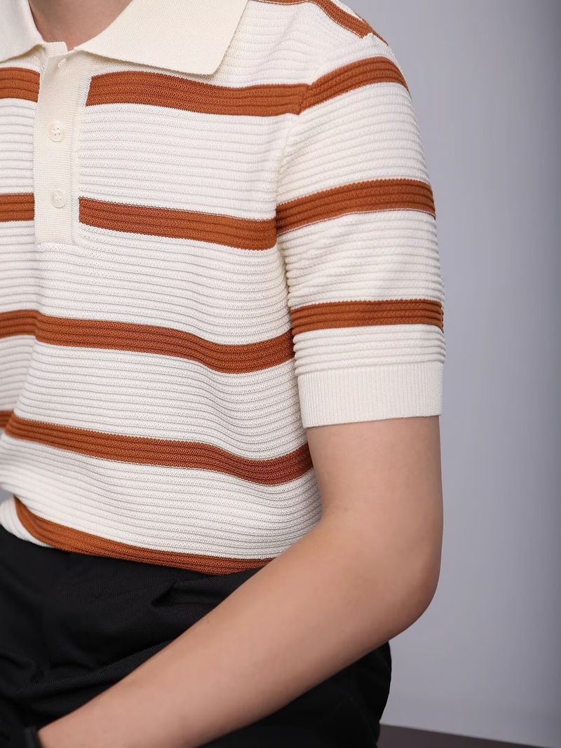 Maglietta a maniche corte in maglia a righe da uomo, casual da lavoro, in seta ghiacciata con risvolto, a mezza manica_voghion.com