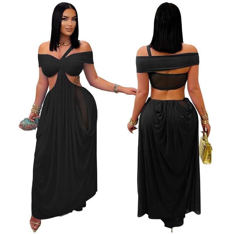 Abito a sirena aderente in rete trasparente – Abito sexy senza spalline con fasciatura e strass in vita (nero/blu/marrone/talpa, S-XXL)_voghion.com