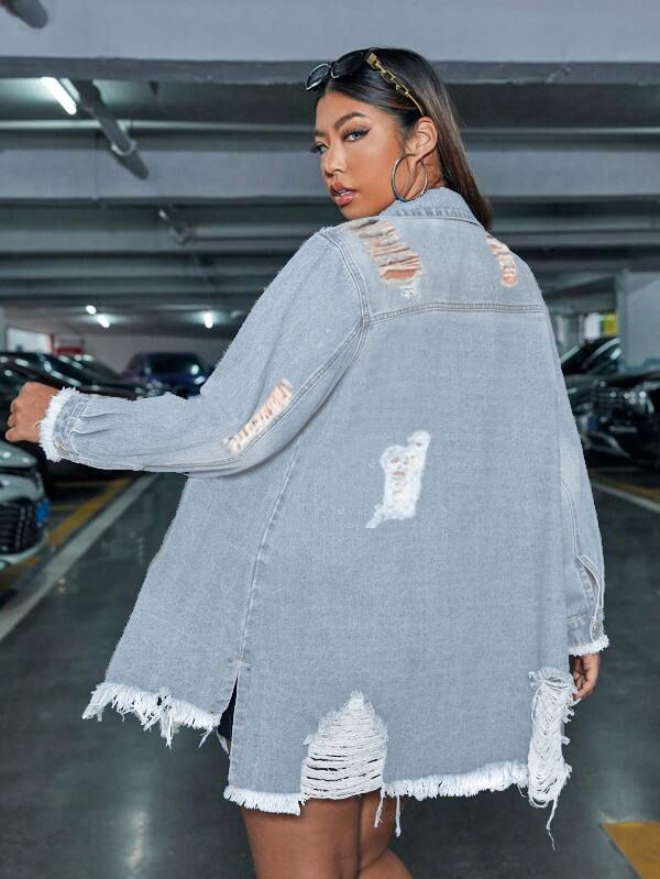 Palton din denim pentru femei, la modă, cu ciucuri, un singur rând de nasturi, cu găuri, lung, cu mânecă lungă, trench din denim_voghion.com