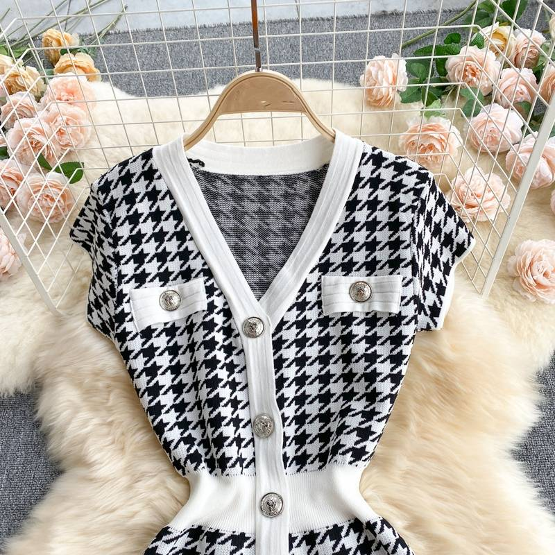Abbigliamento da donna Abito in maglia retrò pied de poule con vita temperamento estivo scollo a V abbottonato vestibilità attillata gonna media e lunga sui fianchi_voghion.com