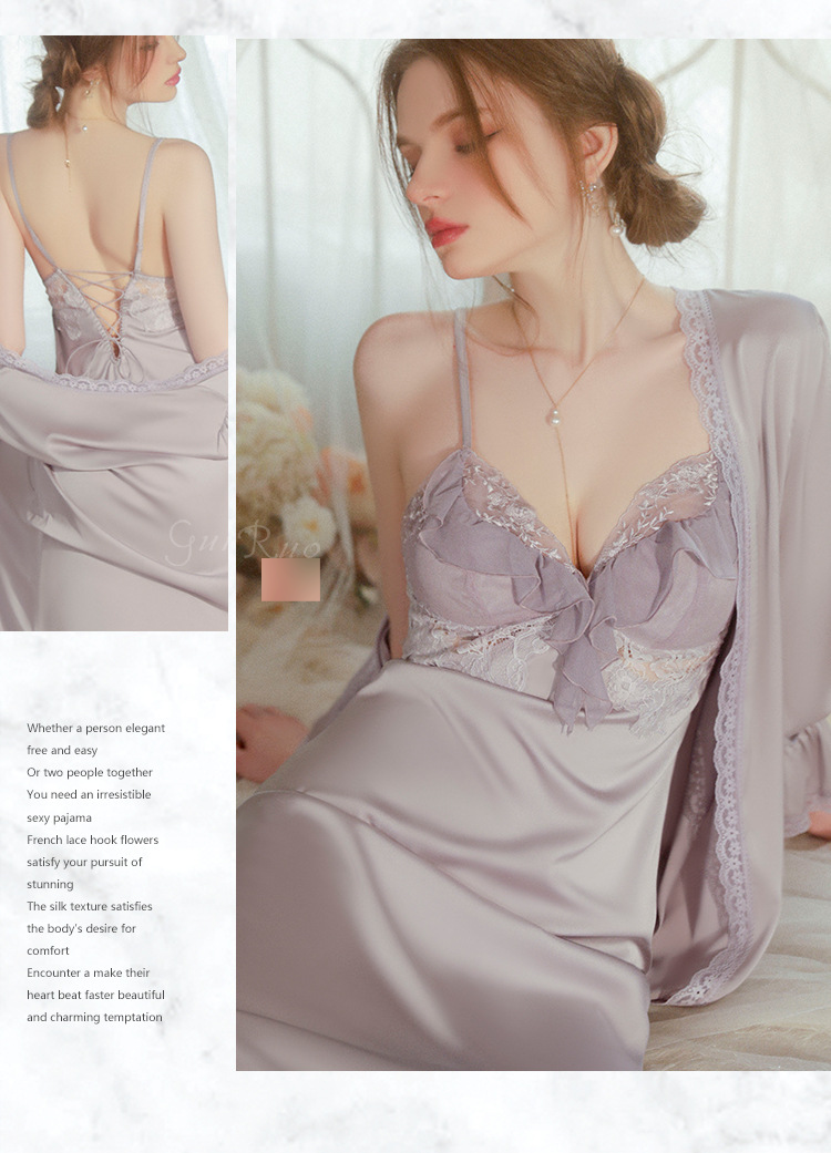 Underwear & Sleepwears Elegant Plus Size Loungewear Set - Satin V-Neck Sleep Dress With Padded Bralette & Slit Robe, Adjustable Belt, Comfortable_voghion.com