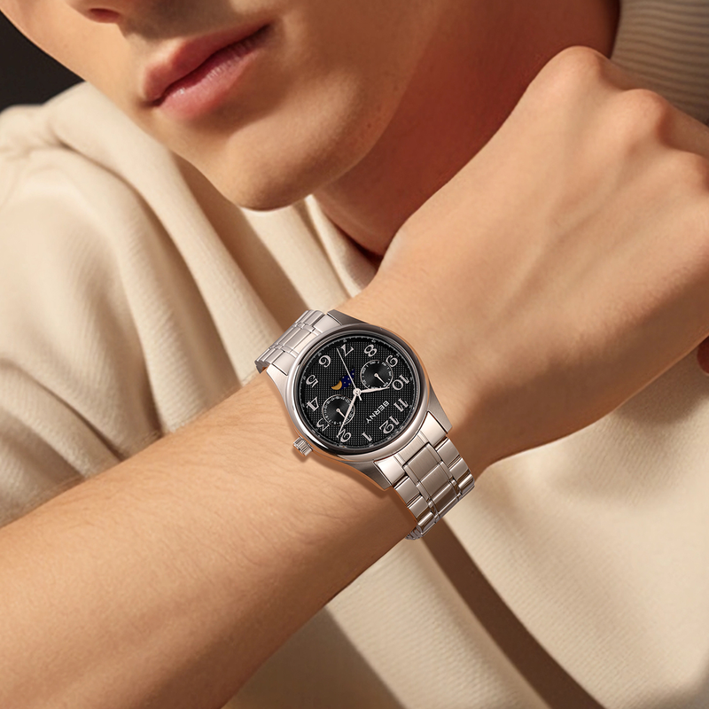 BERNY Watches For Men MultiFunction Analog Quartz Moon Phase Watch With Day Date Stainless Steel Easy To Read Waterproof Dress Men's Wrist Watch_voghion.com