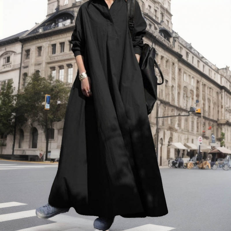 Vestido bohemio extragrande de algodón y lino para mujer: manga larga, cuello con muescas y falda larga holgada (blanco, negro y verde militar, tallas S-5XL, estilo étnico chic y relajado)._voghion.com