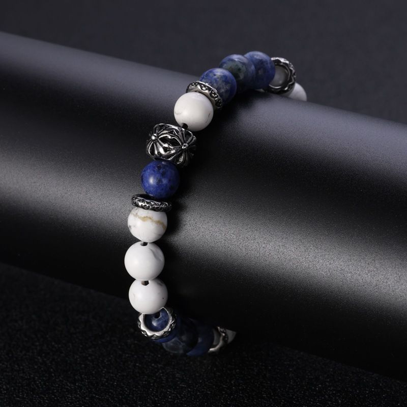 Bracciale da uomo in lapislazzuli con perline retrò in acciaio inossidabile con motivo a fiore quadrato_voghion.com