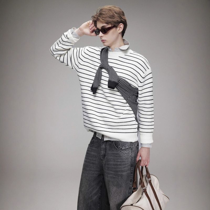 Konfuzianischer Mencius Schwarz-Weiß-gestreifter Pullover für Herren, lockerer Lazy-Style für Herbst und Winter, vielseitige, trendige Strickjacke_voghion.com