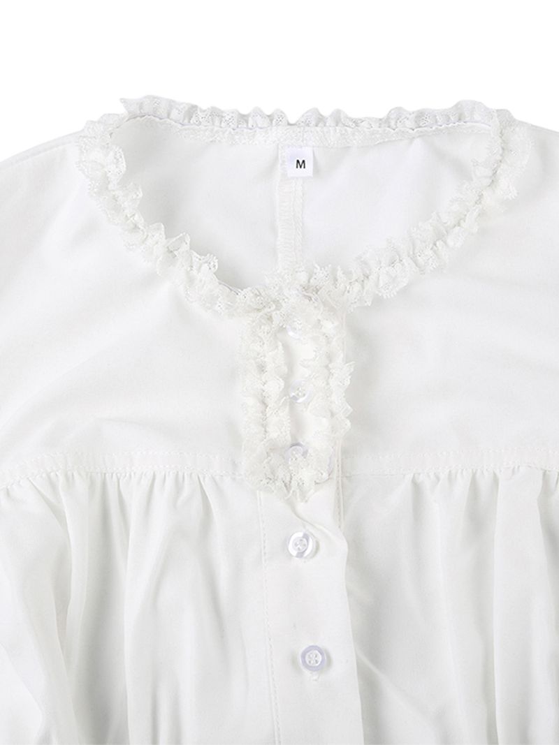 hot selling Women's Button Down T-Shirts Cap Sleeve Crew Neck Cross Tie-up Front Lace Trim Tops_voghion.com