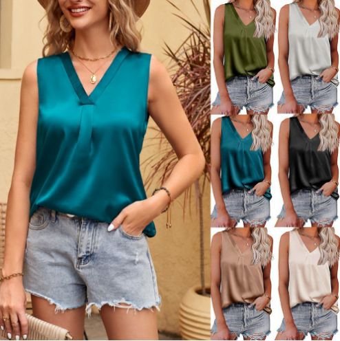 Dammekleeder V-Ausschnëtt Casual Satin Äermellos Basishemd_voghion.com
