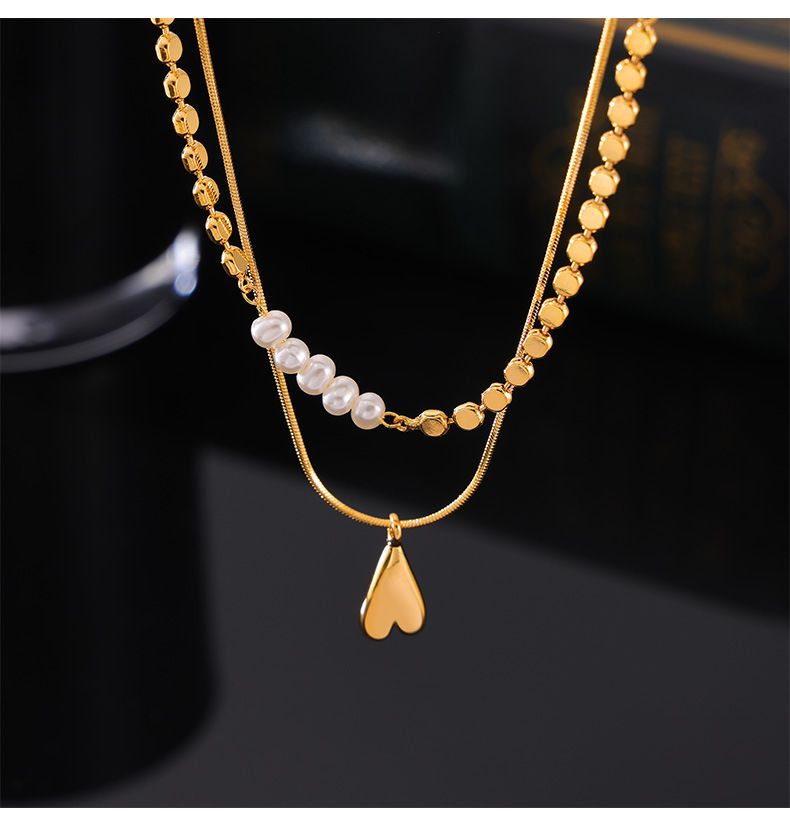 Doppellagige Halskette mit Liebesanhänger und Perlen in schlichtem Design und Goldplattierung für Damen_voghion.com