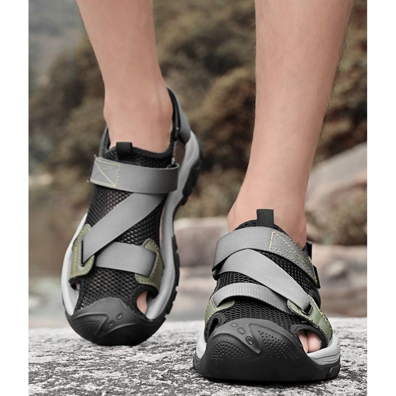 2024 Summer Men's Large Size Sandals Outdoor Beach Shoes Velcro Toe Sandals Head Layer Leather Breathable Casual Shoes_voghion.com