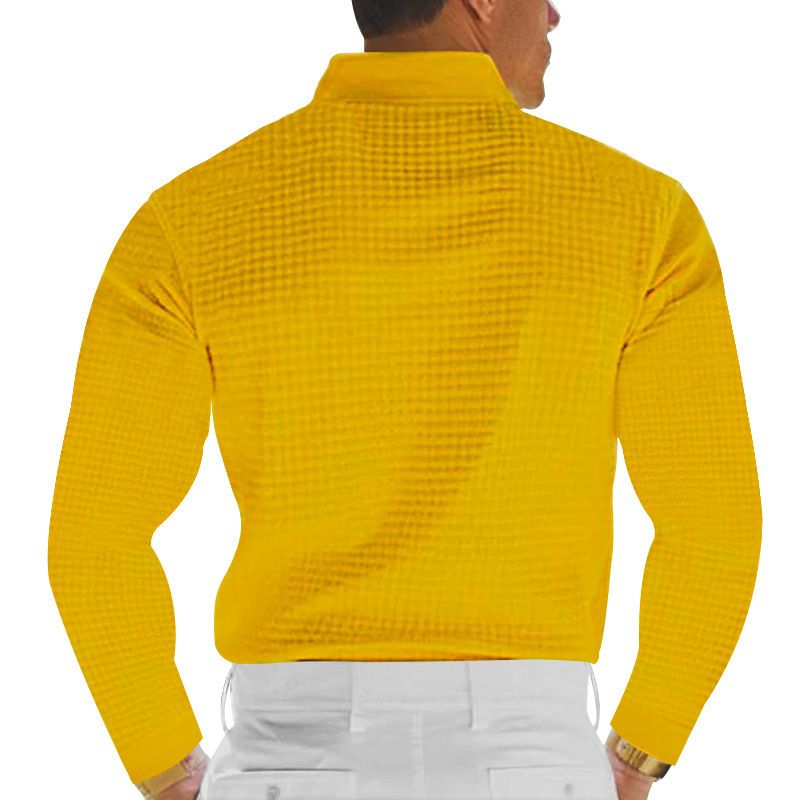 Herrenbekleidung Waffel-Reversknopf Langarm-Poloshirt Urlaub Casual T-Shirt_voghion.com