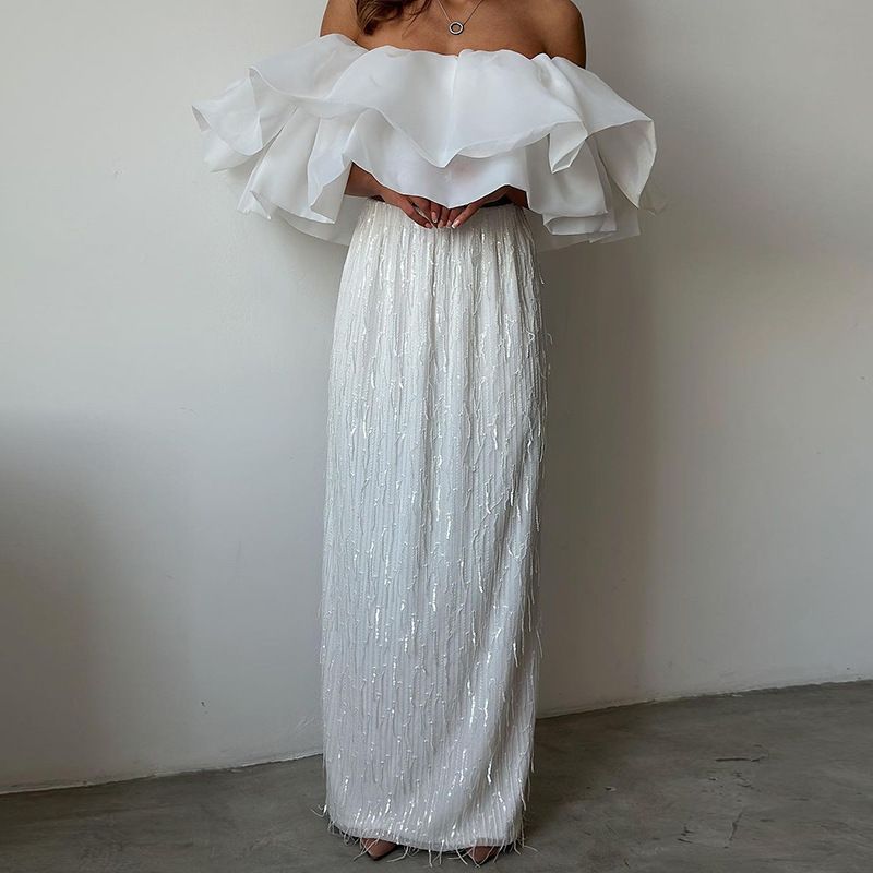 Gonna midi elegante con frange e paillettes per donna - Abito da sera scintillante a trapezio con perline scintillanti, perfetto per eventi serali e speciali_voghion.com