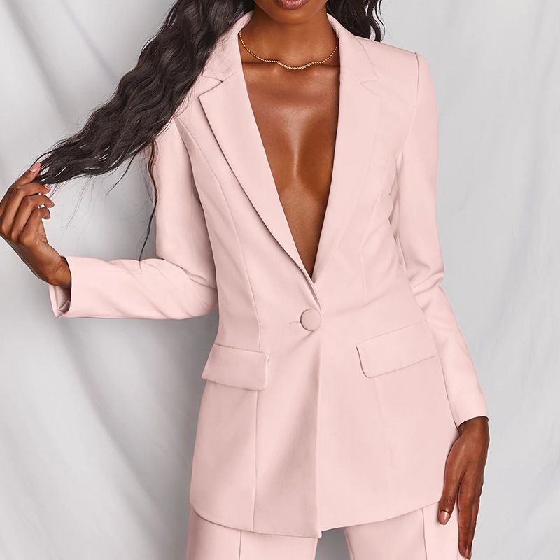 Terno feminino de manga comprida com lapela e calça larga, conjunto de 2 peças, elegante, cor sólida, para escritório, primavera/outono_voghion.com