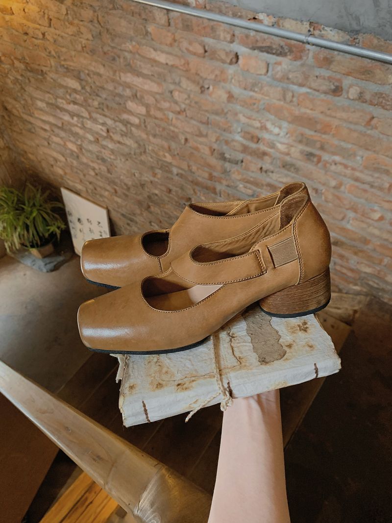 Grape Mom Studiolee End Texture Horse Square Head Grobe Ferse Weiches Gesicht Kleine Leder High Heels Einzelne Schuhe Damen_voghion.com