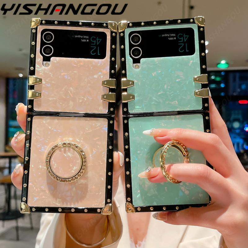 Luxury Square Ring Holder Stand Case For Samsung Galaxy Z Flip4 Flip3 5G Shockproof Flip Phone Cover Shell For Samsung Z Flip4 3_voghion.com
