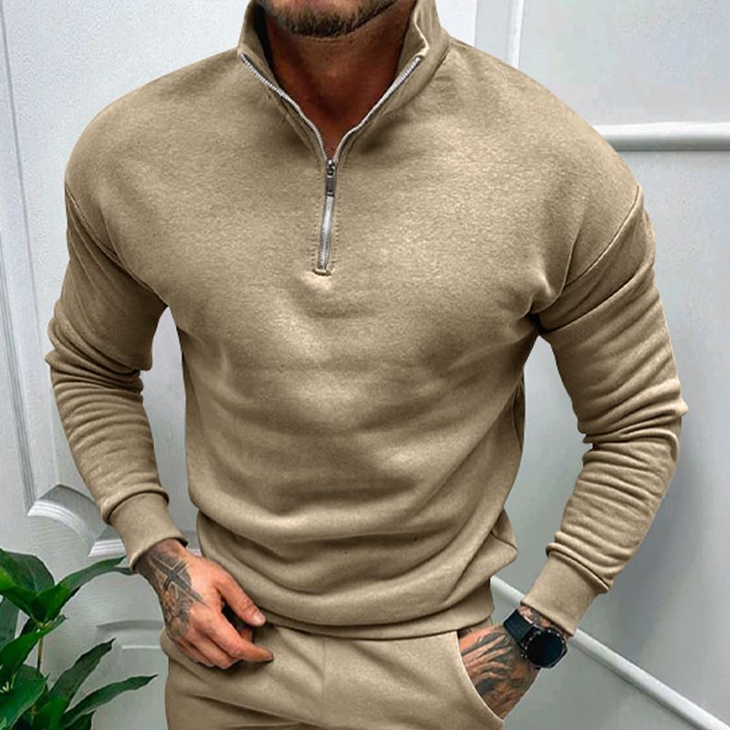 Men's Casual Plus Velvet Solid Color Long-Sleeved Half-Zipper Polo Stand-Up Collar Top_voghion.com
