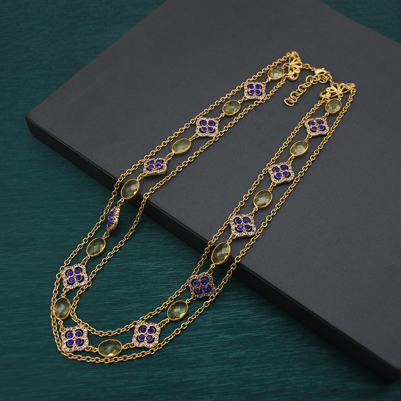 Middeleeuwse terugkeer stijl Tsjechische kristal lange trui ketting retro mode reïncarnatie ketting nieuwe Chinese stijl blauwe klavertje vier_voghion.com
