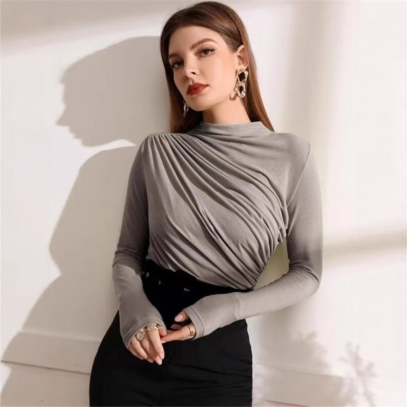 2025 Autumn And Winter New Design, Pleated Versatile Long Sleeved T-shirt, Women's Solid Color Top_voghion.com