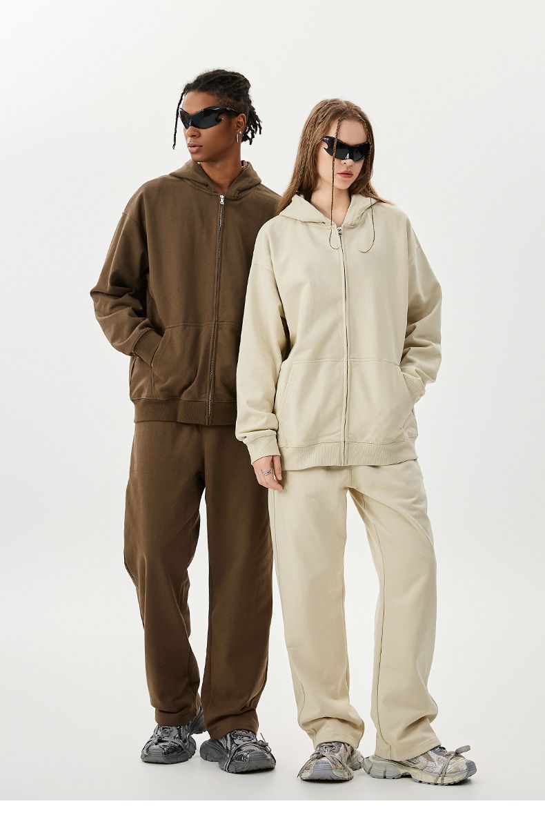 Women's Clothing Solid Color Zipper Sweatshirt Oversized Zip-Up Hoodie & Jogger Set - Premium Cotton French Terry Pullover With Drop Shoulder Design_voghion.com