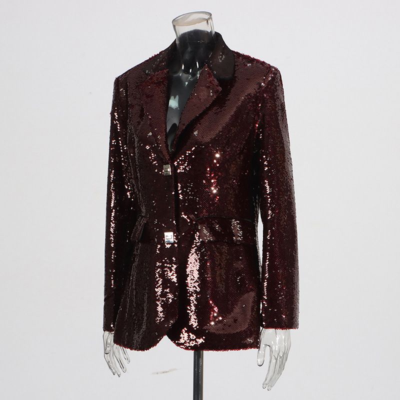 Abbigliamento da donna, design alla moda, piccolo abito con paillettes, elegante blazer con paillettes per donna - giacca da ufficio slim fit con scollo a V e design che stringe la vita_voghion.com