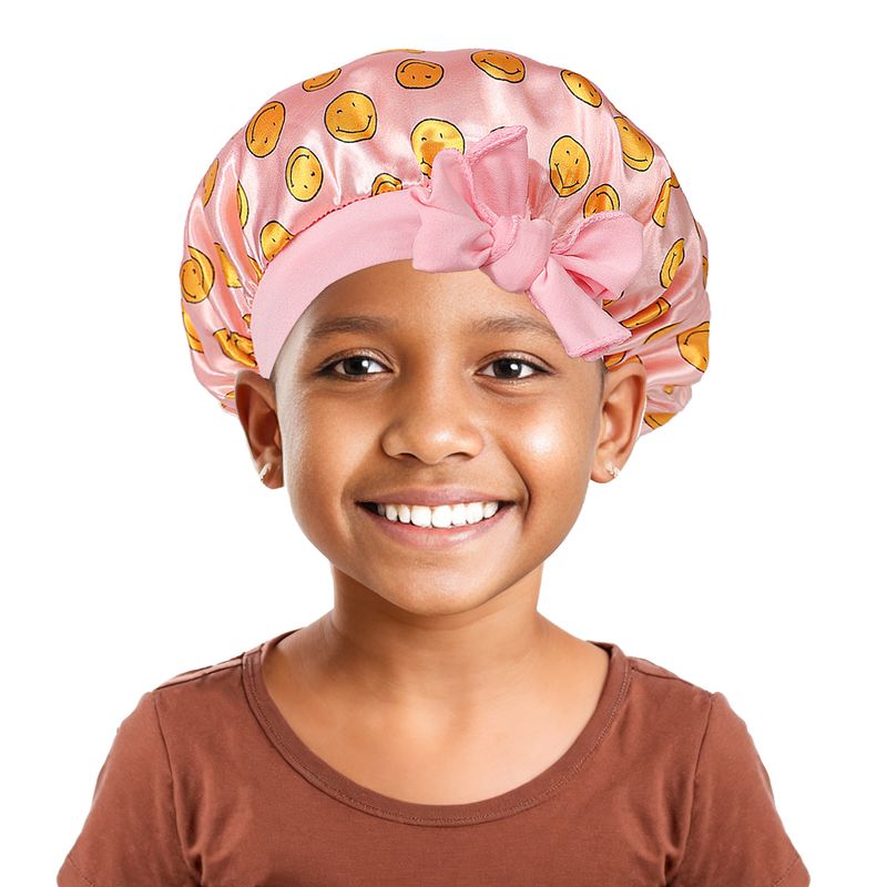 Cuffia da notte in raso stampato per bambini con elastico, fiocco, rotonda, carina, coordinata, per la cura dei capelli_voghion.com
